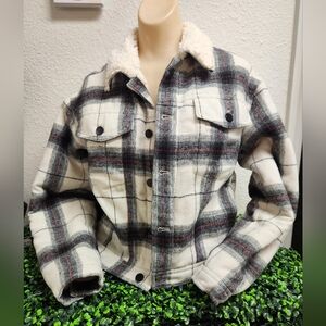 Joe's Womens Ally 90's Ivory Plaid Faux Fur Short Shirt Jacket